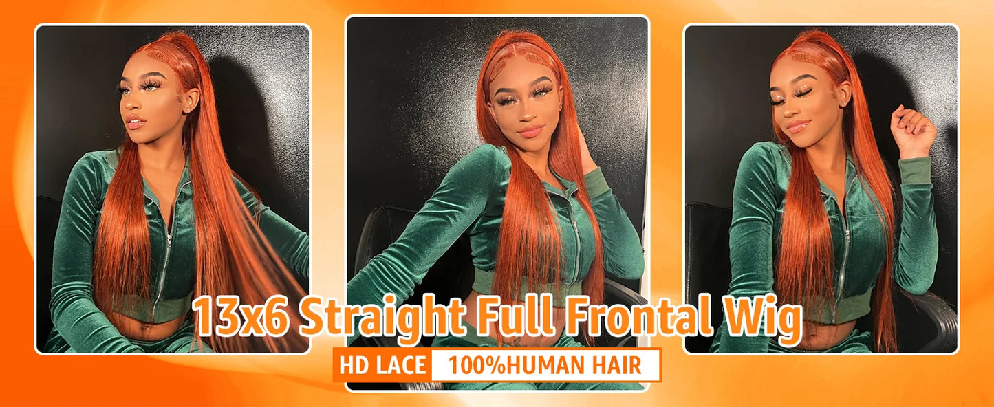 40Inch Orange Ginger Straight Lace Front Wigs Human Hair 250 Density Brazilian 350 Colored 13X6 HD Transparent Lace Frontal Wigs