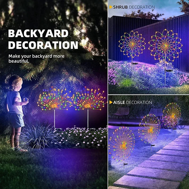 Solar Fireworks Garden Lights Outdoor Waterproof, 2 Pcs 200 LED Solar Starburst Sparkler Lights Decorative with 8 Lighting Modes