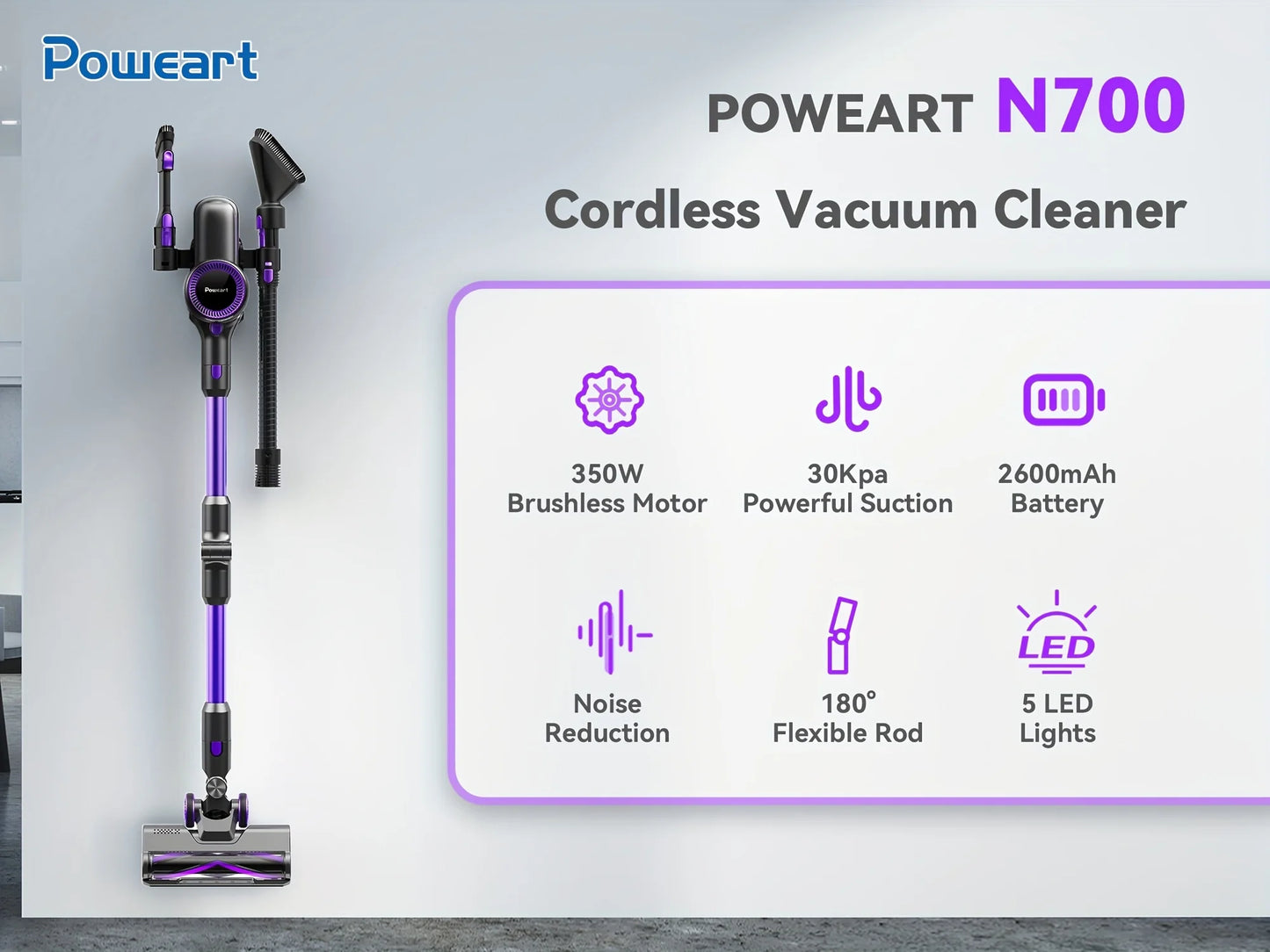 POWEART N700 Cordless Vacuum Cleaner 30Kpa Powerful 8-in-1 Stick Vacuum 180° Foldable Wand Lightweight Handheld of Home Cleaners