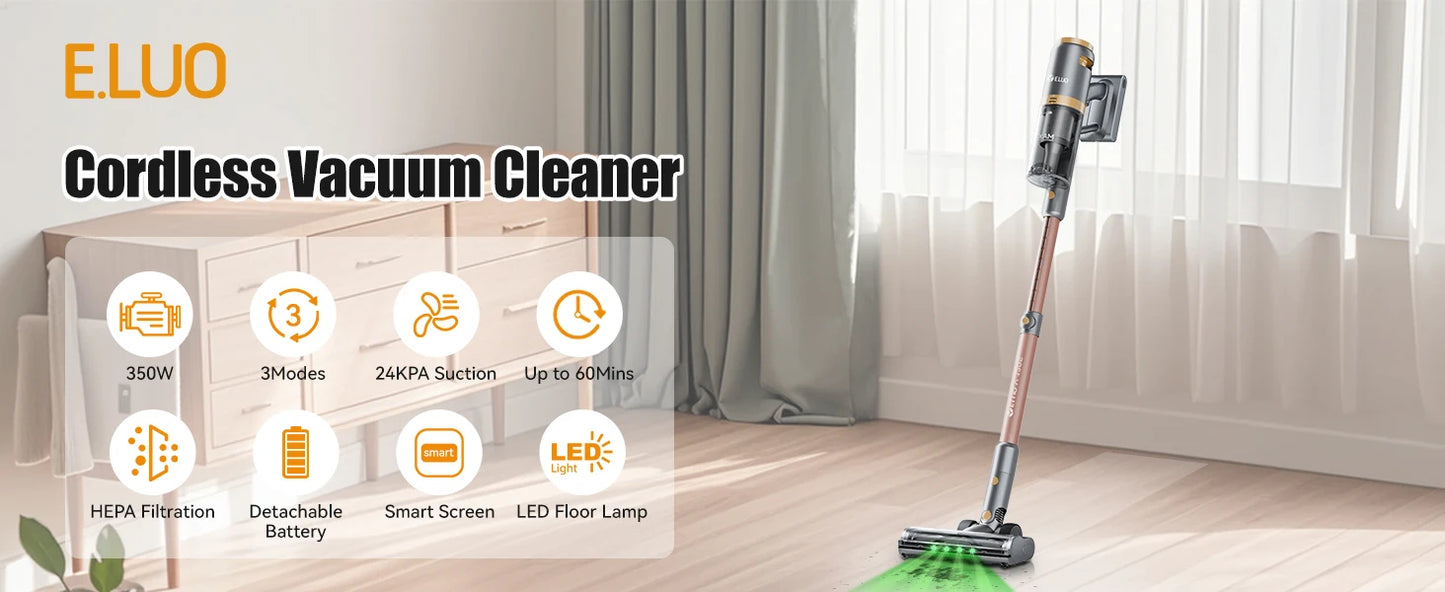 E.LUO 350W/24kPa Cordless Vacuum Cleaner Stick Vacuum with Intelligent Display Vacuum Cleaner with Anti-Tangle Brush and 60 Mins