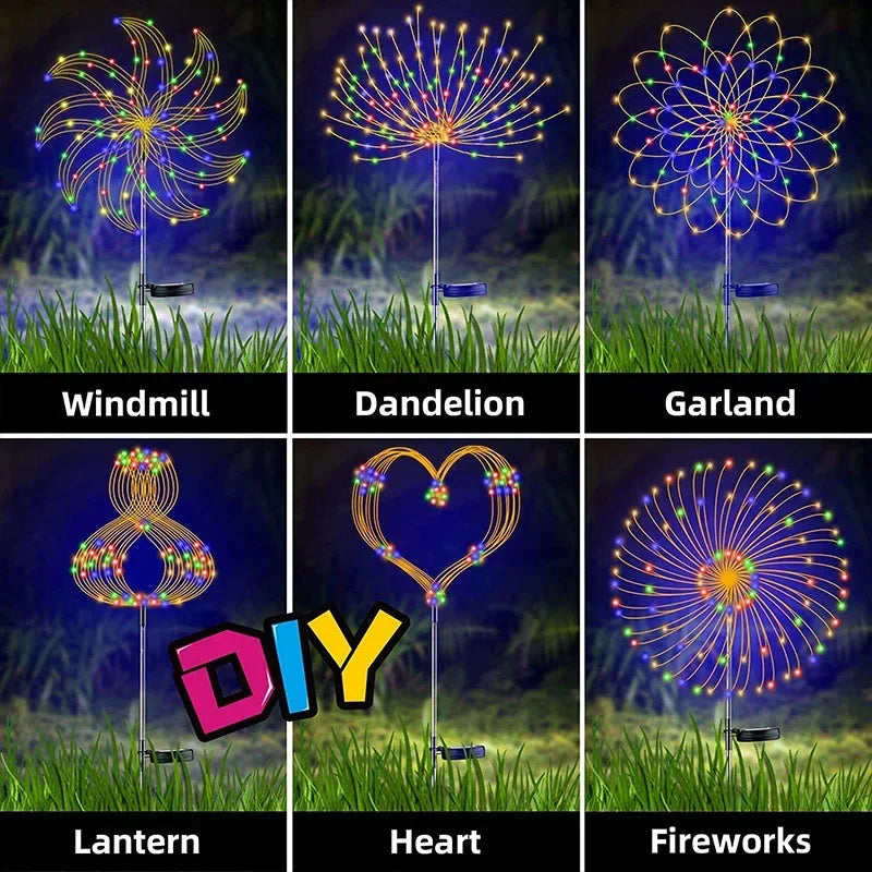 Solar Fireworks Garden Lights Outdoor Waterproof, 2 Pcs 200 LED Solar Starburst Sparkler Lights Decorative with 8 Lighting Modes