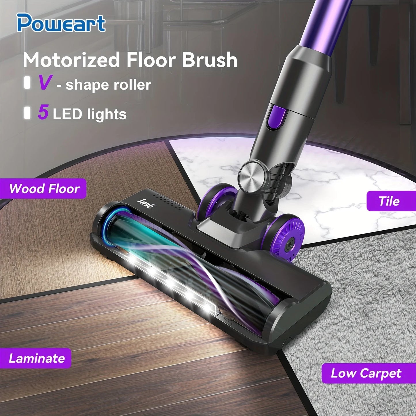 POWEART N700 Cordless Vacuum Cleaner 30Kpa Powerful 8-in-1 Stick Vacuum 180° Foldable Wand Lightweight Handheld of Home Cleaners