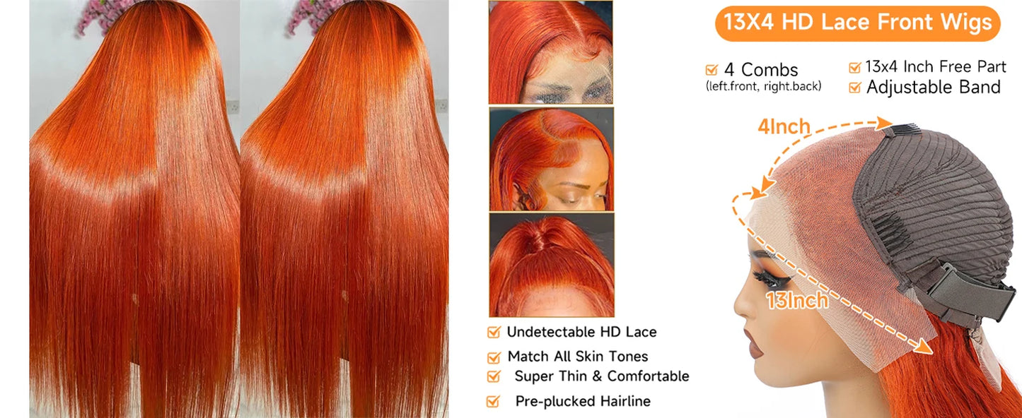 40Inch Orange Ginger Straight Lace Front Wigs Human Hair 250 Density Brazilian 350 Colored 13X6 HD Transparent Lace Frontal Wigs