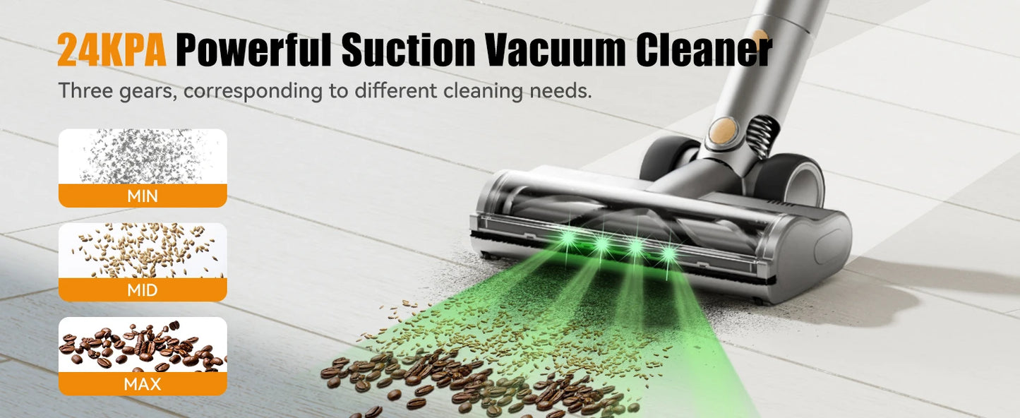 E.LUO 350W/24kPa Cordless Vacuum Cleaner Stick Vacuum with Intelligent Display Vacuum Cleaner with Anti-Tangle Brush and 60 Mins
