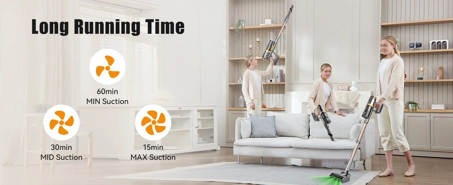 E.LUO 350W/24kPa Cordless Vacuum Cleaner Stick Vacuum with Intelligent Display Vacuum Cleaner with Anti-Tangle Brush and 60 Mins