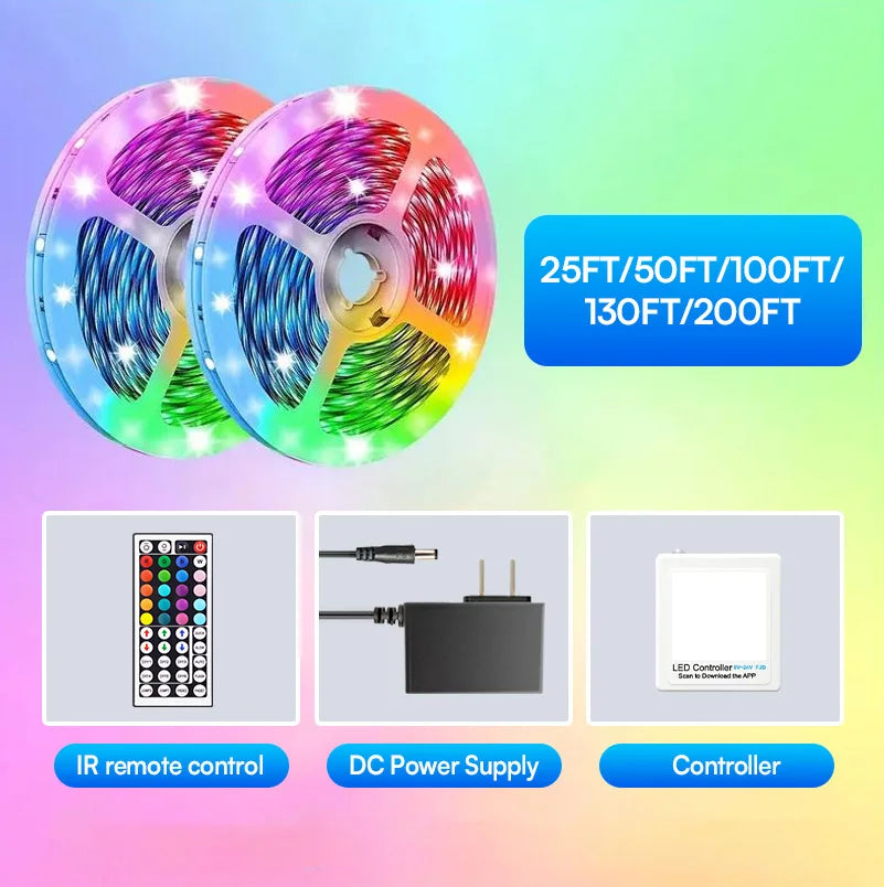 130ft 44-key remote control intelligent led light belt, support app timing, rgb color change, follow the music rhythm, suitable