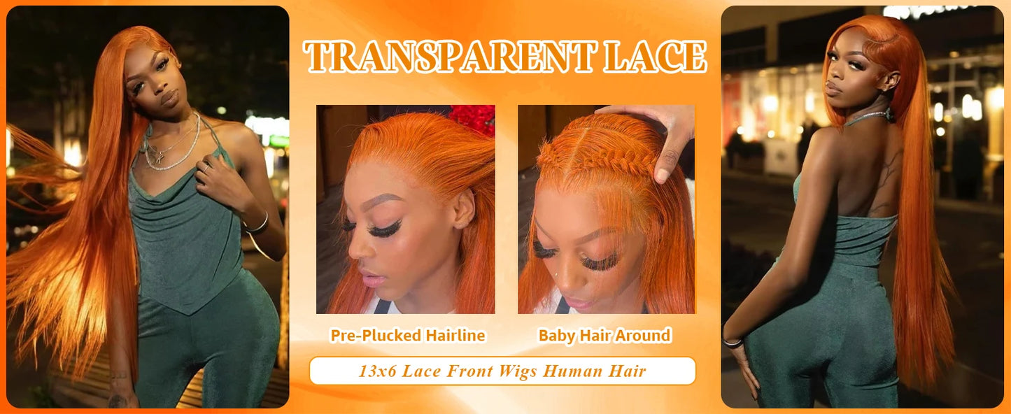 40Inch Orange Ginger Straight Lace Front Wigs Human Hair 250 Density Brazilian 350 Colored 13X6 HD Transparent Lace Frontal Wigs