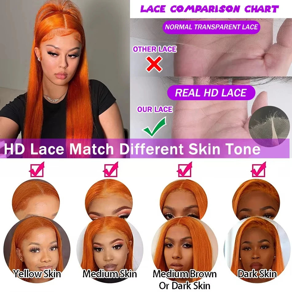 40Inch Orange Ginger Straight Lace Front Wigs Human Hair 250 Density Brazilian 350 Colored 13X6 HD Transparent Lace Frontal Wigs