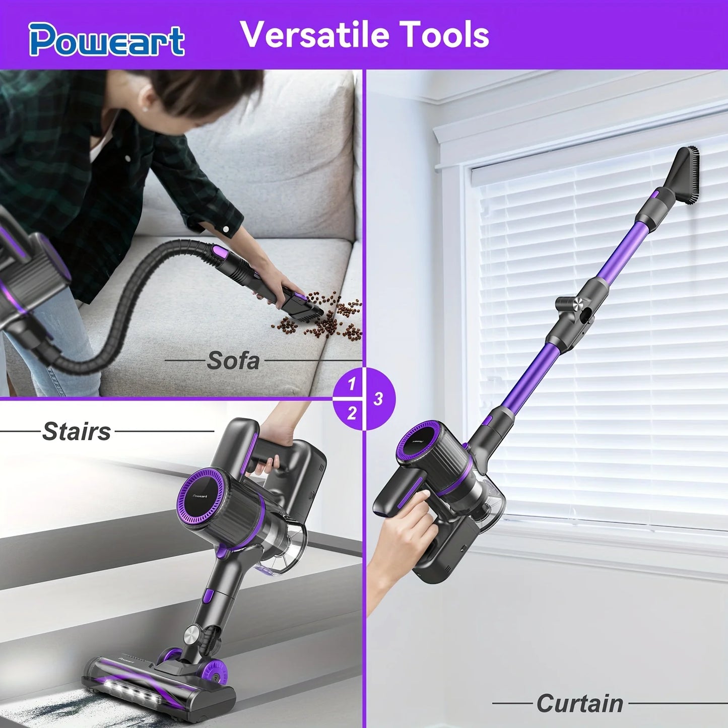 POWEART N700 Cordless Vacuum Cleaner 30Kpa Powerful 8-in-1 Stick Vacuum 180° Foldable Wand Lightweight Handheld of Home Cleaners