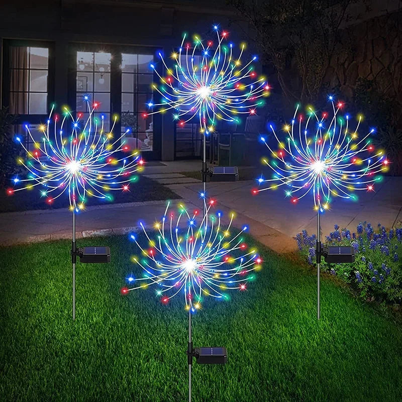 Solar Fireworks Garden Lights Outdoor Waterproof, 2 Pcs 200 LED Solar Starburst Sparkler Lights Decorative with 8 Lighting Modes