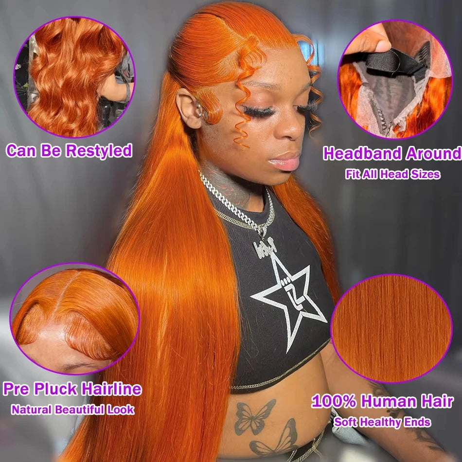 40Inch Orange Ginger Straight Lace Front Wigs Human Hair 250 Density Brazilian 350 Colored 13X6 HD Transparent Lace Frontal Wigs