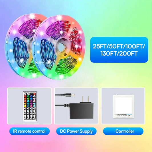 130ft 44-key remote control intelligent led light belt, support app timing, rgb color change, follow the music rhythm, suitable