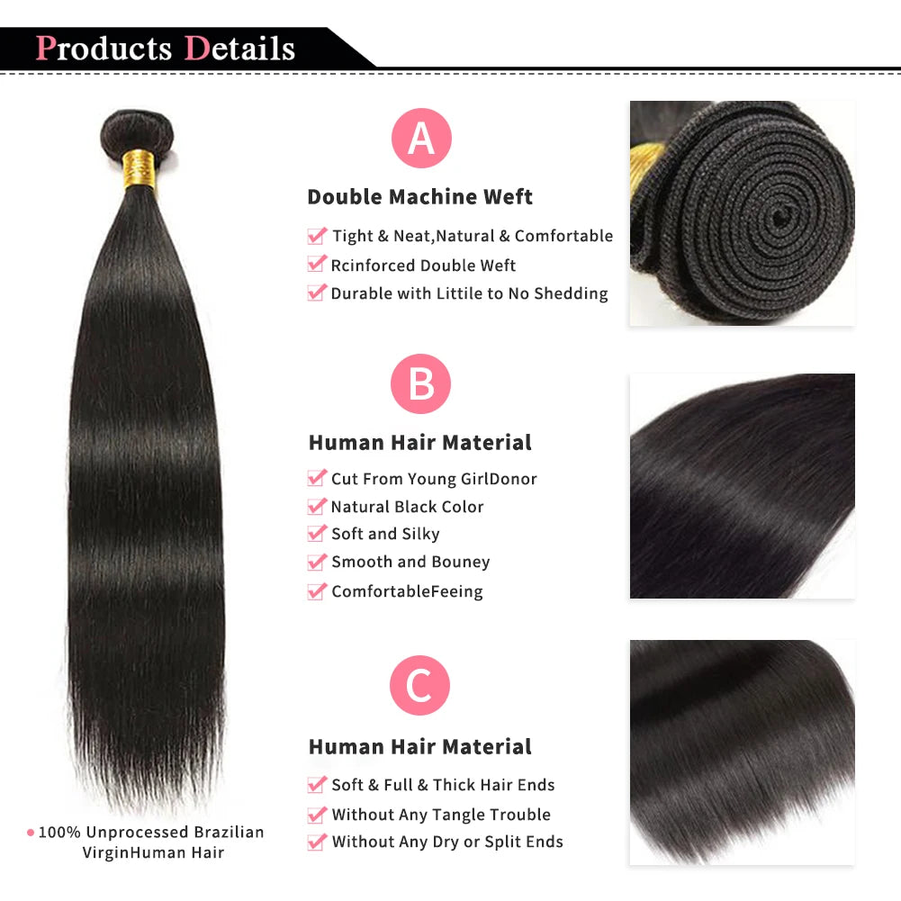 Straight Bundles Human Hair Brazilian 14-30 Inches Natural Color 3 4 Bundle Remy Human Hair Extensions Double Weft Braiding Hair