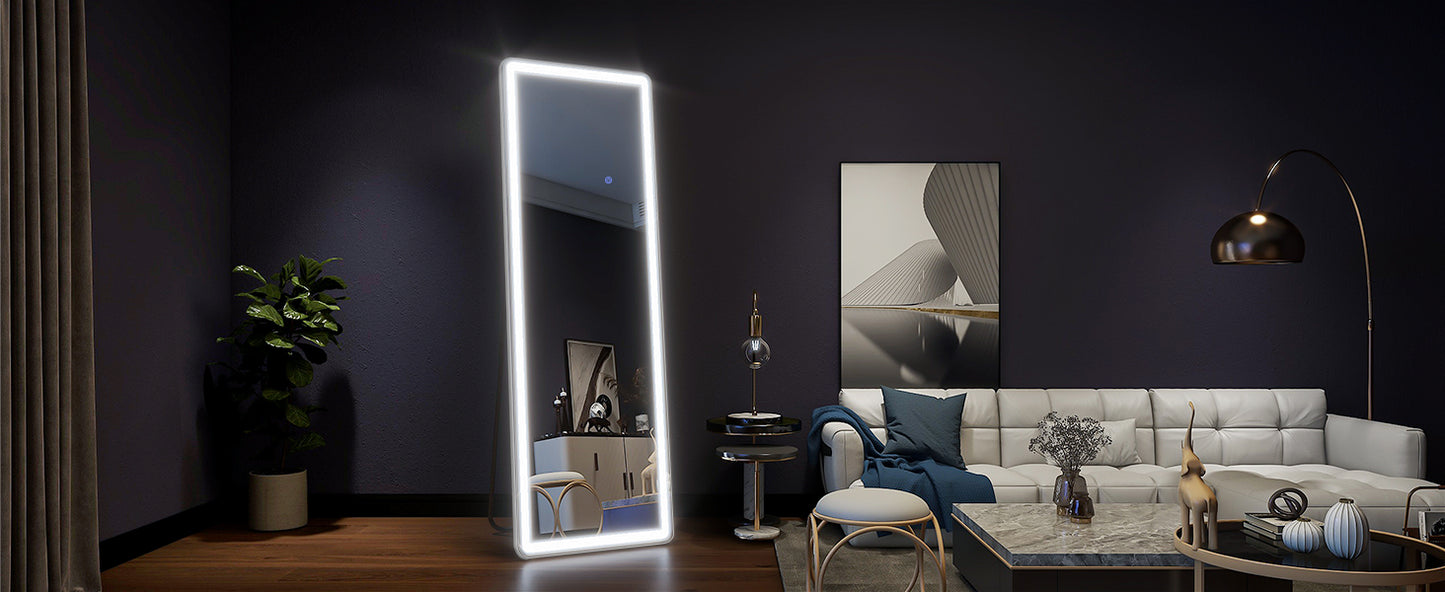 60"x16" Full Length Mirror with Lights,LED Mirror Full Length,Lighted Floor Mirror with Stand,Full Body Mirror with Dimming & 3
